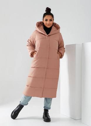 42-56р довге тепле пальто непромокаюче жіноче зимове довгий пуховик з капішоном персиковий беж4 фото