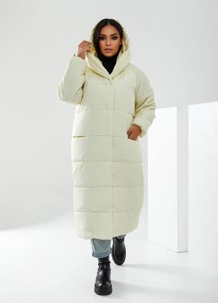 42-56р довге тепле пальто непромокаюче жіноче зимове довгий пуховик з капішоном молоко