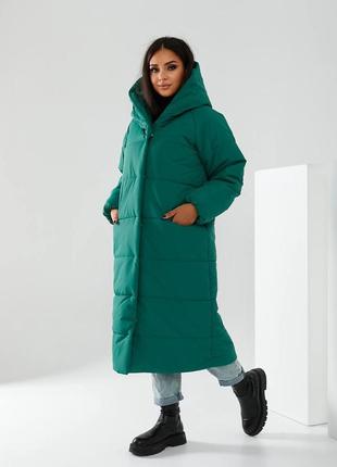 42-56р довге тепле пальто непромокаюче жіноче зимове довгий пуховик з капішоном зелений3 фото
