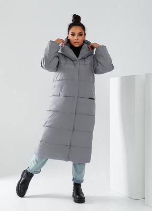 42-56р довге тепле пальто непромокаюче жіноче зимове довгий пуховик з капішоном сірий4 фото