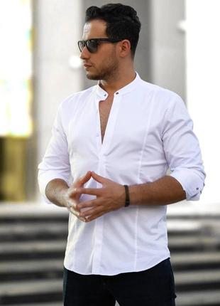 Мужская белая рубашка стойка воротник4 фото