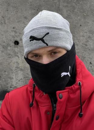 Комплект трикотажна шапка puma сірий меланж + баф puma чорний + перчатки фліс чорні1 фото