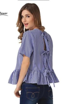 Блузка сине-белая вертикальная полоска на завязках на спине с оборкой4 фото