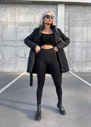 Женская куртка демисезонная стеганная удлиненная на кнопках с поясом | черная куртка...