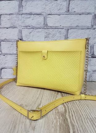 Щеряная женская сумка, натуральная кожа, желтая с плетенкой