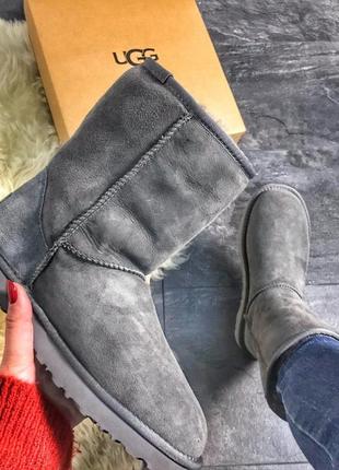 🌸ugg classic suede leather grey🌸уггі жіночі зимові сірі з хутром, жіночі зимові