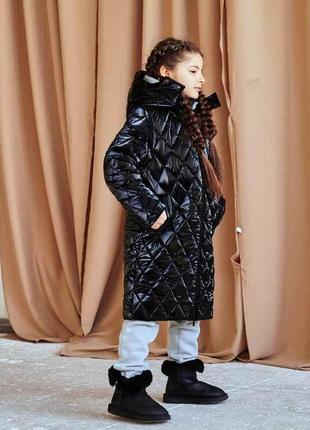 Детское, подростковое зимнее стеганое пальто в черном цвете для девочки 122 см.5 фото