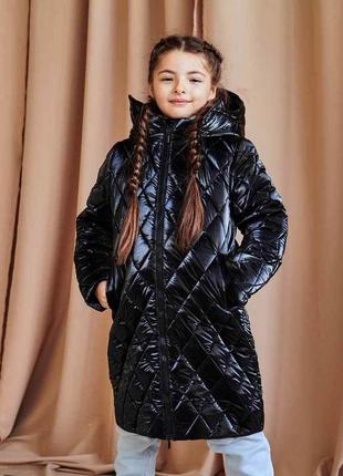 Детское, подростковое зимнее стеганое пальто в черном цвете для девочки 122 см.6 фото