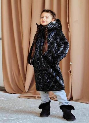 Детское, подростковое зимнее стеганое пальто в черном цвете для девочки 122 см.4 фото