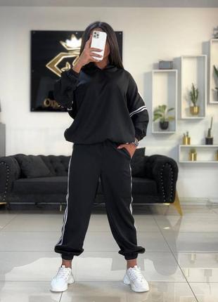 Спортивный костюм оверсайз с лампасами по бокам свитшот с капюшоном со спущенным плечом брюки на манжетах комплект графит черный серый джоггеры3 фото