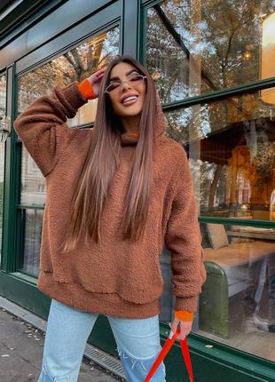 Худи теди плюшевый оверсайз с капюшоном коричневый бежевый толстовка теплый трендовый стильный