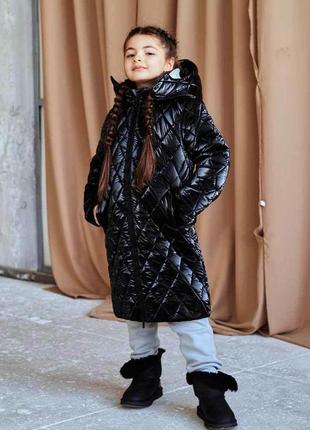 Дитяче, підліткове зимове стьобане пальто в чорному кольорі для дівчинки 146 см.