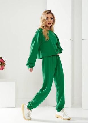Женский брючный прогулочный костюм кофта + штаны зеленый свободного кроя двунитка повседневный с брюками и кофтой1 фото