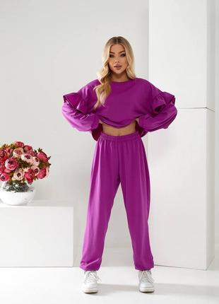 Прогулочный брючный костюм свободного кроя кофта + штаны фиолетовый двунитка женский качественный комплект с кофтой и брюками5 фото
