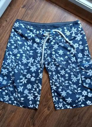Шорти синьо-сірі жіночі з квітами на шнурках гавайські