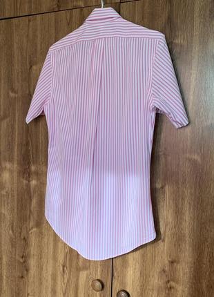 Мужская белая рубашка в розовую полоску polo ralph lauren, короткий рукав, премиум качество, размер s5 фото