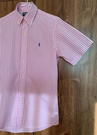 Мужская белая рубашка в розовую полоску polo ralph lauren, короткий рукав, премиум качество, размер s6 фото