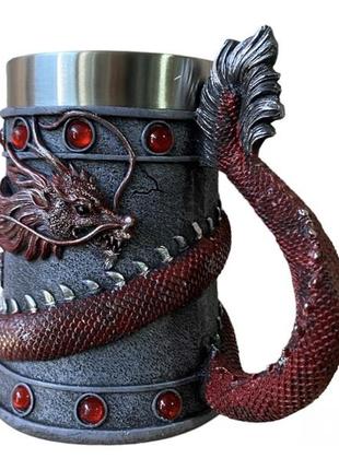 Кружка чашка 3d  нержавеющая сталь дракон красный танкард 550 мл4 фото