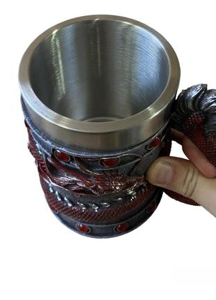 Кружка чашка 3d  нержавеющая сталь дракон красный танкард 550 мл6 фото
