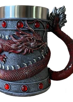 Кружка чашка 3d  нержавеющая сталь дракон красный танкард 550 мл5 фото