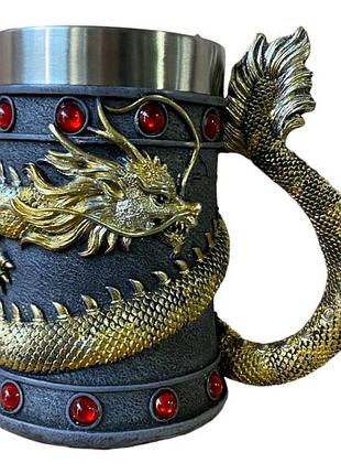 Кухоль чашка 3d неіржавка сталь дракон золотий танкард 550 мл7 фото
