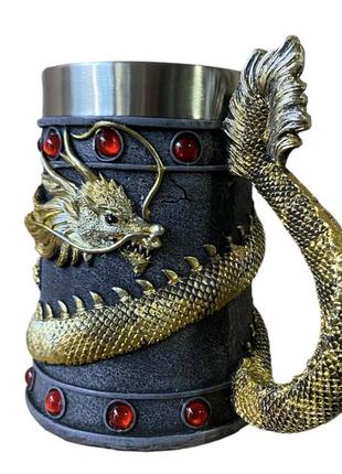 Кухоль чашка 3d неіржавка сталь дракон золотий танкард 550 мл3 фото