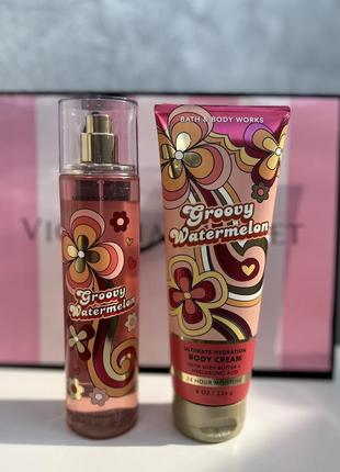 Набор парфюмированный спрей для тела и волос и крем для тела bath and body works groove watermelon оригинал.