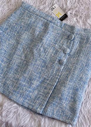 Твидовая юбка primark в голубом оттенке с пуговицами6 фото