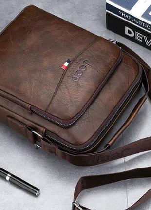 Мужская сумка-планшетка jeep повседневная, барсетка сумка-планшет для мужчин эко кожа темно-коричневый4 фото