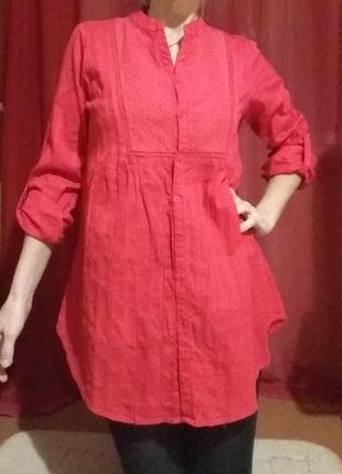 Рубашка красная халат туника женская с длинным рукавом и кружевом