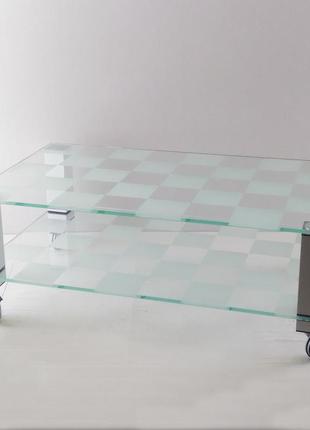 Стіл журнальний на коліщатках зі скла з малюнком на стільниці vito art chess (1100x600)2 фото