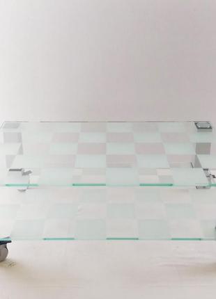 Стіл журнальний на коліщатках зі скла з малюнком на стільниці vito art chess (1100x600)5 фото