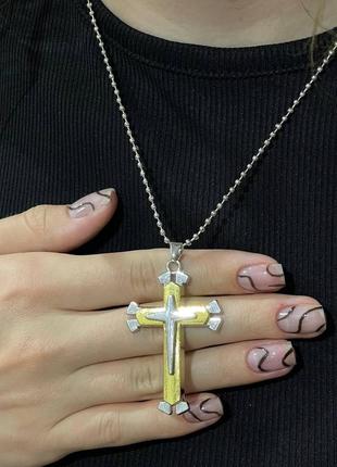Трехслойный крест ювелирная сталь с золотистой вставкой на прочной цепочке классический подарок парню, девушке3 фото