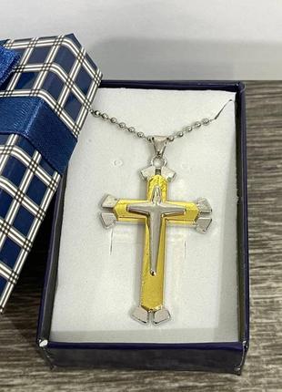 Трехслойный крест ювелирная сталь с золотистой вставкой на прочной цепочке классический подарок парню, девушке6 фото