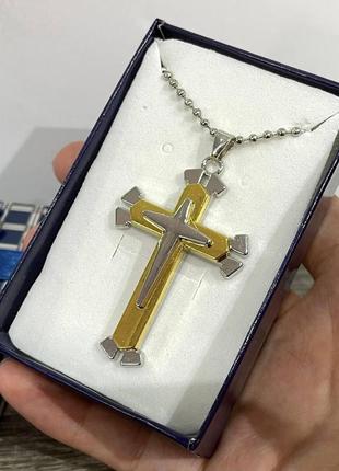 Трехслойный крест ювелирная сталь с золотистой вставкой на прочной цепочке классический подарок парню, девушке5 фото