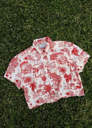 Біла сорочка з коротким рукавом l футболка з червоним принтом l блуза з пальмами1 фото