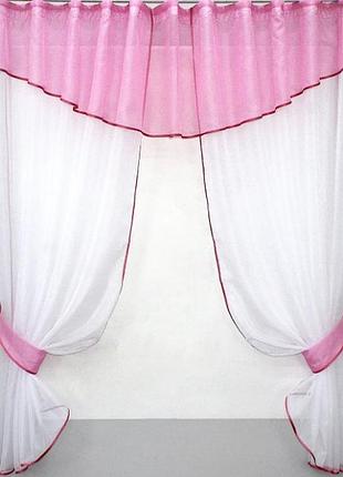 Фіранка на кухню, балкон (280х170см) з ламбрекеном. колір білий з рожевим