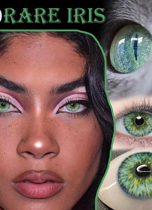 Цветные линзы для глаз зелёные rare iris + контейнер для хранения в подарок