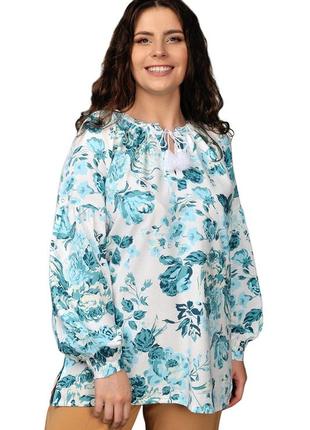Свободная льняная блузка с длинным рукавом в сочный цветочный принт2 фото