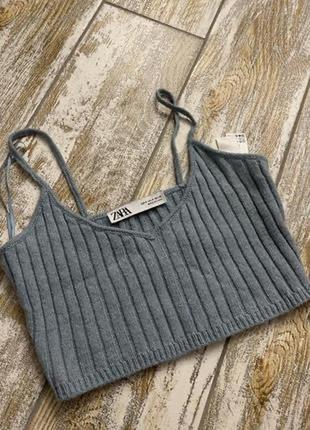 Стильний трендовий блакитний вʼязаний в рубрик короп-топ вона лами котон zara s
