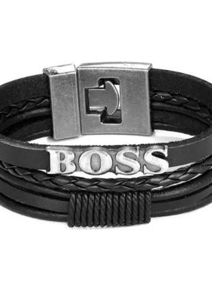 Мужской кожаный браслет ⬩ многослойный плетеный браслет boss ⬩ yuwi feya черный