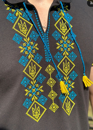 Черная вышиванка для мужчин, черная патриотическа вышиванка, вышитая трикотажная...