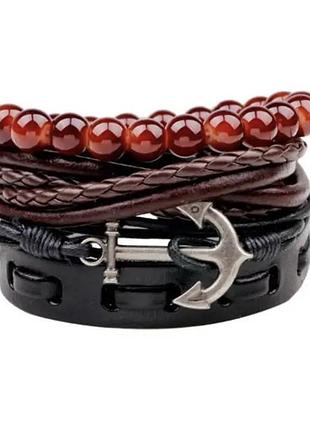 Браслет кожаный мужской якорь yuwi feya многослойный черный