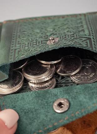 Прижим для денег кожаный з монетницею темно-зеленый с тиснением трезубец герб украины7 фото