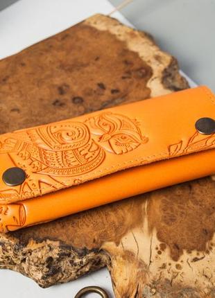 Ключница кожаная женская с оранжевая сова | кожаный чехол для ключей5 фото
