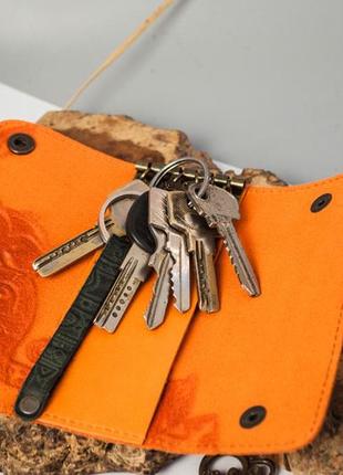 Ключница кожаная женская с оранжевая сова | кожаный чехол для ключей3 фото