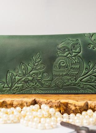 Зелений шкіряний гаманець довгий з совою | зелений гаманець з тисненням, жіночий гаманець ручної роботи