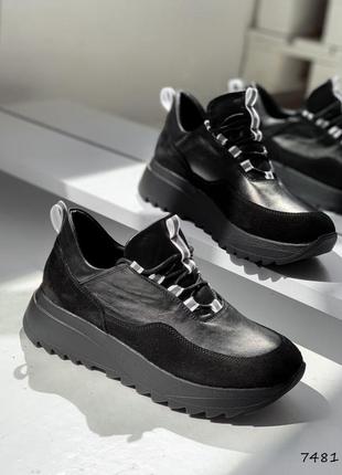 Стильні чорні кросівки жіночі,на платформі, демісезонні,осінні,замшеві,шкіряні/шкіра-жіноче взуття1 фото