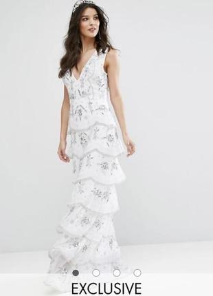 ❤️распродажа❤️ярусное платье макси с отделкой maya bridal asos (h)1 фото