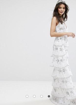 ❤️распродажа❤️ярусное платье макси с отделкой maya bridal asos (h)6 фото